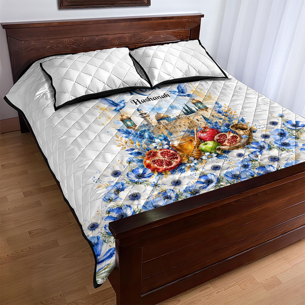 Rosh Hashanah Jewish New Year Quilt Bed Set Watercolor Floral Apples Honey - Shofar Jewish Holiday