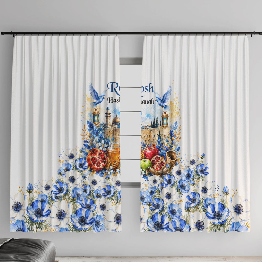 Rosh Hashanah Jewish New Year Window Curtain Watercolor Floral Apples Honey - Shofar Jewish Holiday