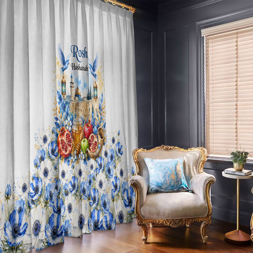 Rosh Hashanah Jewish New Year Window Curtain Watercolor Floral Apples Honey - Shofar Jewish Holiday