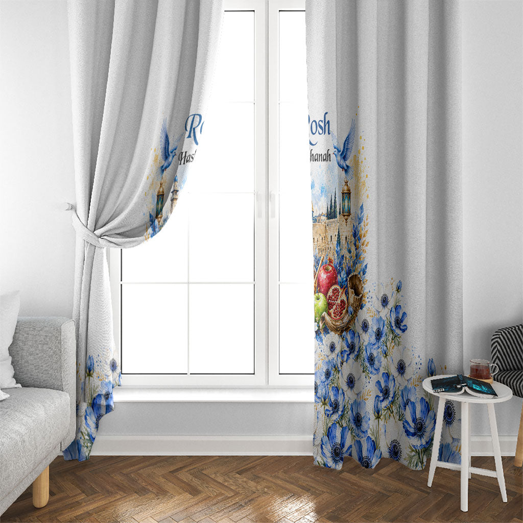 Rosh Hashanah Jewish New Year Window Curtain Watercolor Floral Apples Honey - Shofar Jewish Holiday
