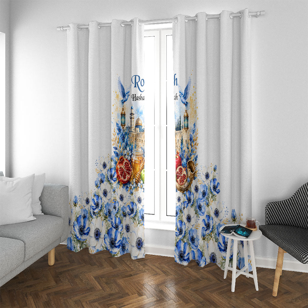 Rosh Hashanah Jewish New Year Window Curtain Watercolor Floral Apples Honey - Shofar Jewish Holiday