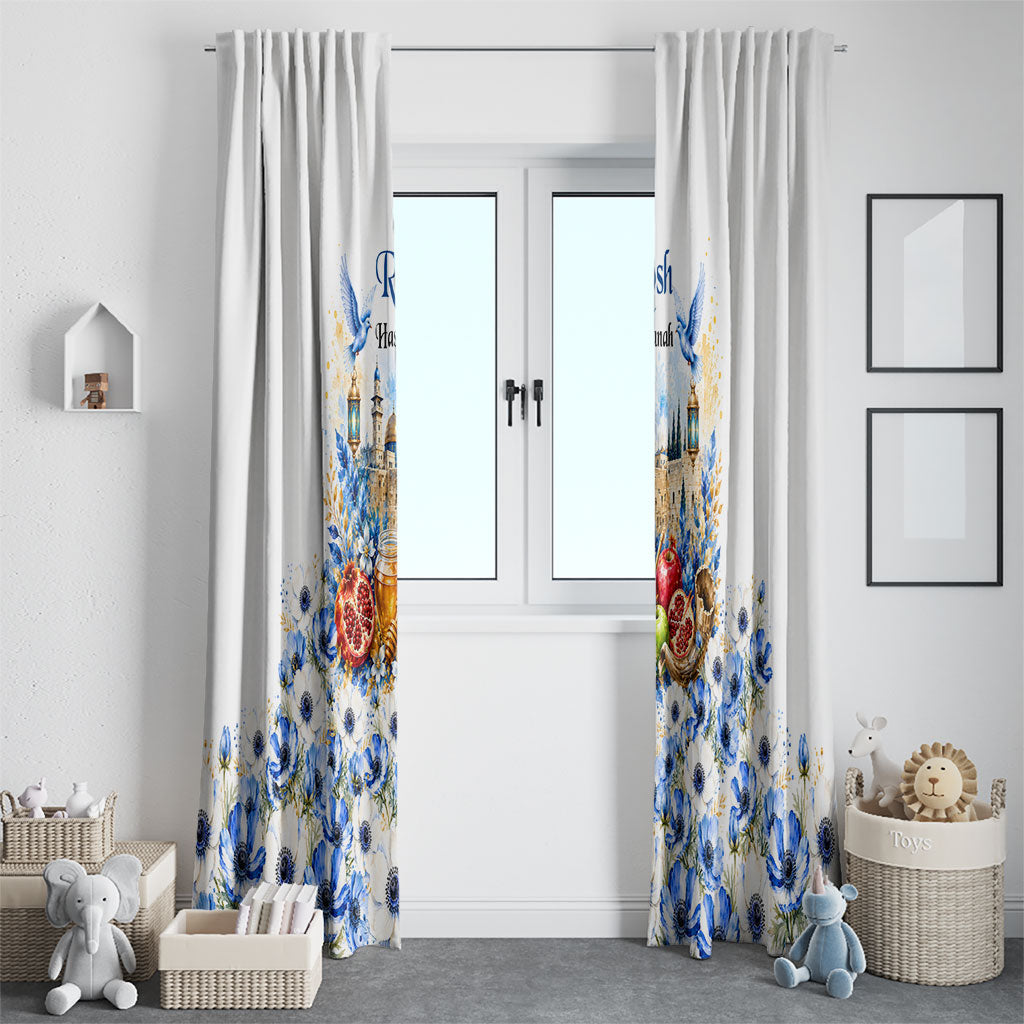 Rosh Hashanah Jewish New Year Window Curtain Watercolor Floral Apples Honey - Shofar Jewish Holiday