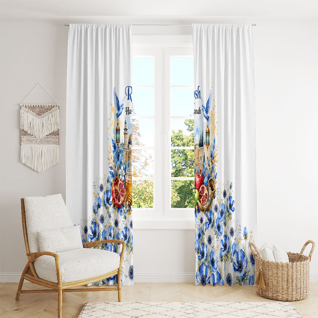 Rosh Hashanah Jewish New Year Window Curtain Watercolor Floral Apples Honey - Shofar Jewish Holiday