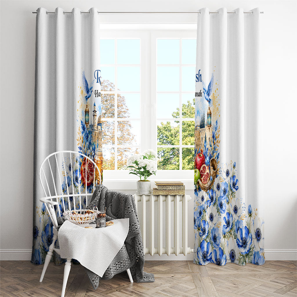Rosh Hashanah Jewish New Year Window Curtain Watercolor Floral Apples Honey - Shofar Jewish Holiday