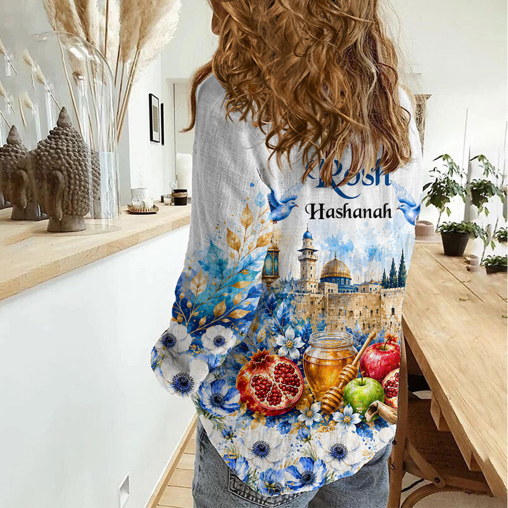 Rosh Hashanah Jewish New Year Women Casual Shirt Watercolor Floral Apples Honey - Shofar Jewish Holiday