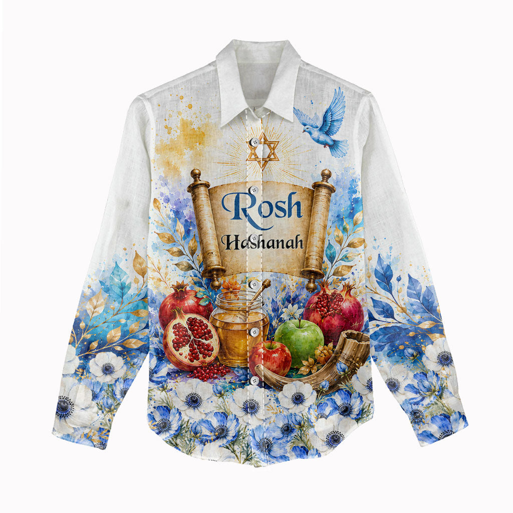 Rosh Hashanah Jewish New Year Women Casual Shirt Watercolor Floral Apples Honey - Shofar Jewish Holiday