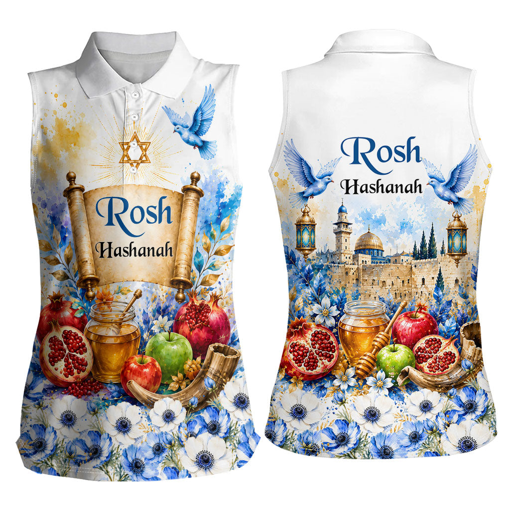 Rosh Hashanah Jewish New Year Women Sleeveless Polo Shirt Watercolor Floral Apples Honey - Shofar Jewish Holiday