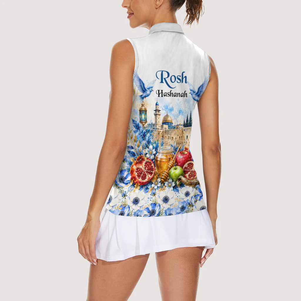 Rosh Hashanah Jewish New Year Women Sleeveless Polo Shirt Watercolor Floral Apples Honey - Shofar Jewish Holiday