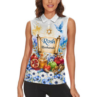 Rosh Hashanah Jewish New Year Women Sleeveless Polo Shirt Watercolor Floral Apples Honey - Shofar Jewish Holiday