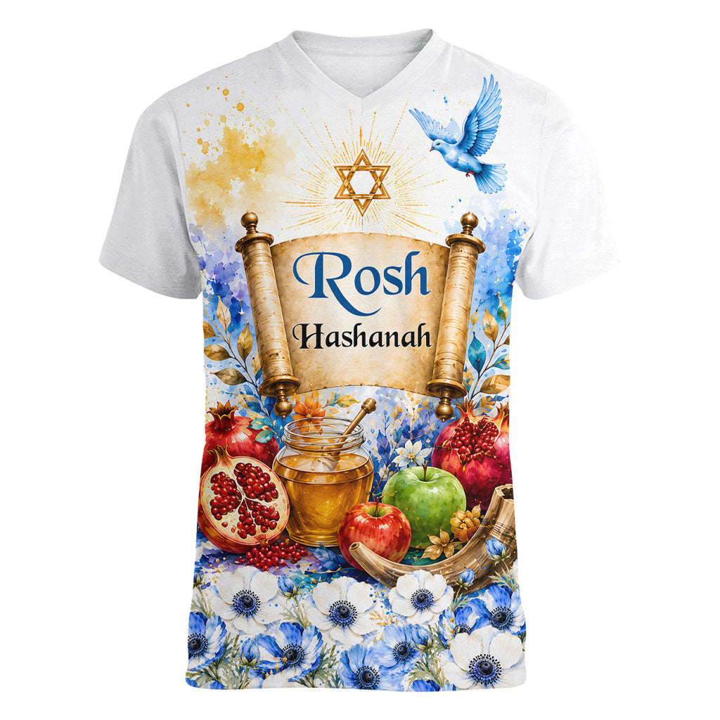 Rosh Hashanah Jewish New Year Women V-Neck T-Shirt Watercolor Floral Apples Honey - Shofar Jewish Holiday