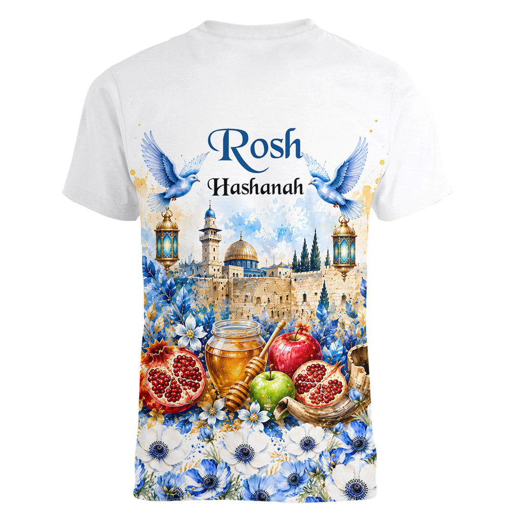Rosh Hashanah Jewish New Year Women V-Neck T-Shirt Watercolor Floral Apples Honey - Shofar Jewish Holiday
