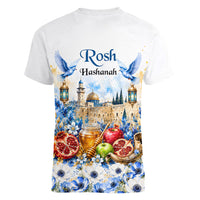 Rosh Hashanah Jewish New Year Women V-Neck T-Shirt Watercolor Floral Apples Honey - Shofar Jewish Holiday