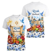 Rosh Hashanah Jewish New Year Women V-Neck T-Shirt Watercolor Floral Apples Honey - Shofar Jewish Holiday