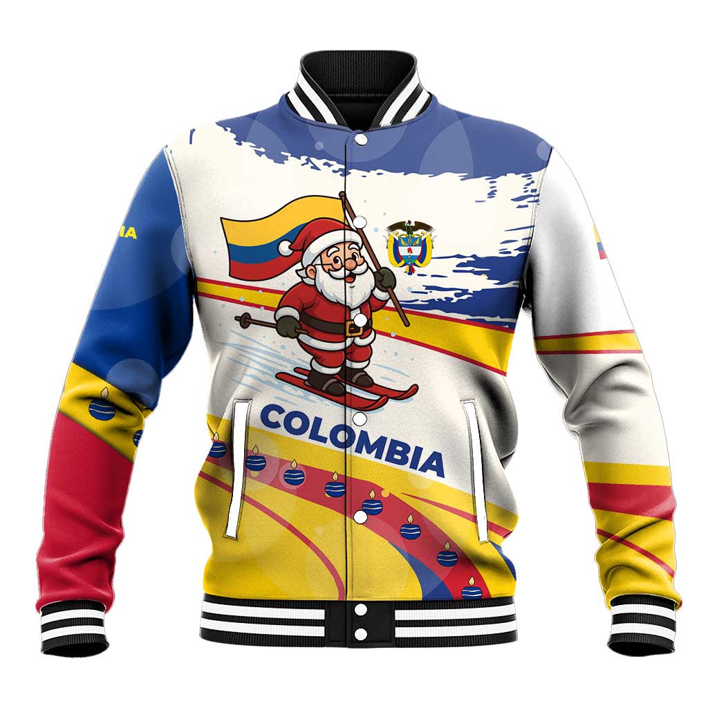 Colombia Christmas Baseball Jacket with Santa Skiing Colombian Flag and Holiday Ornament - Wonder Print Shop