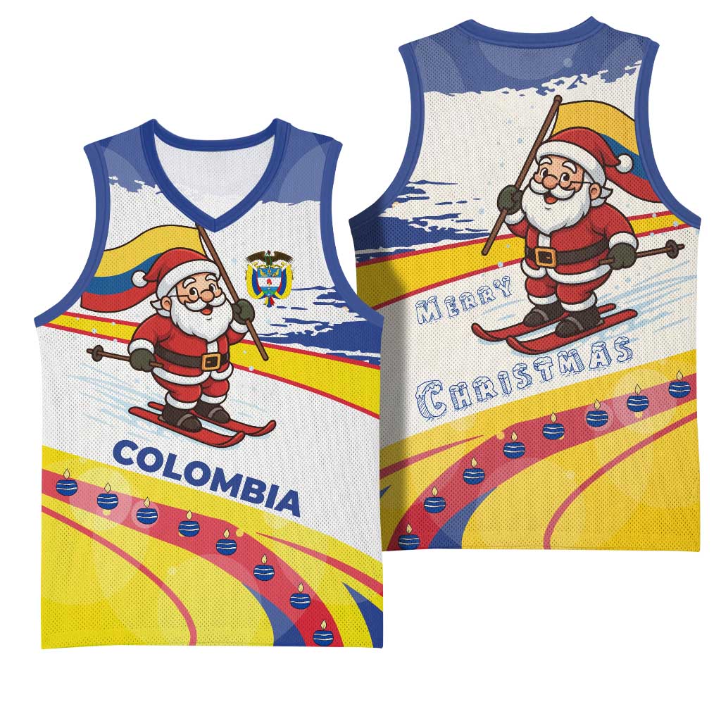Colombia Christmas Basketball Jersey with Santa Skiing Colombian Flag and Holiday Ornament - Wonder Print Shop