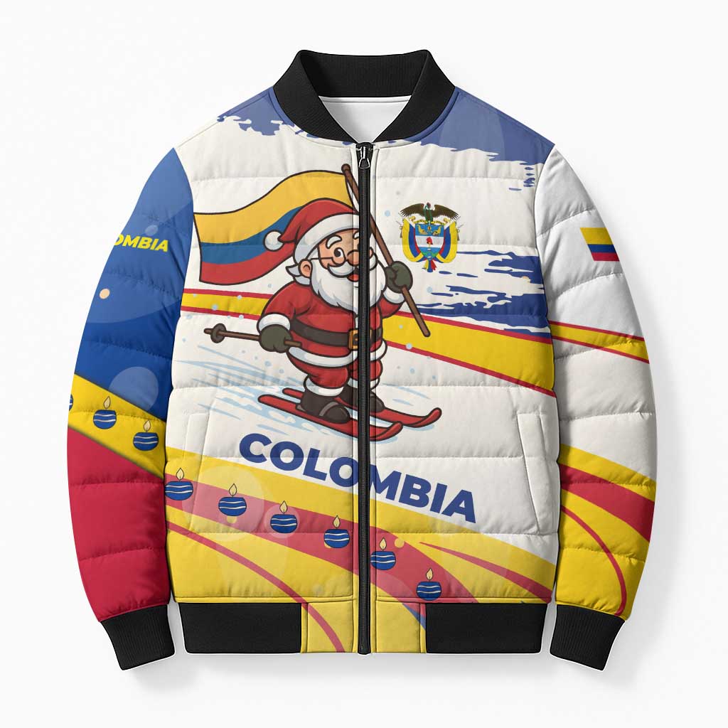 Colombia Christmas Bomber Puffer Jacket with Santa Skiing Colombian Flag and Holiday Ornament - Wonder Print Shop