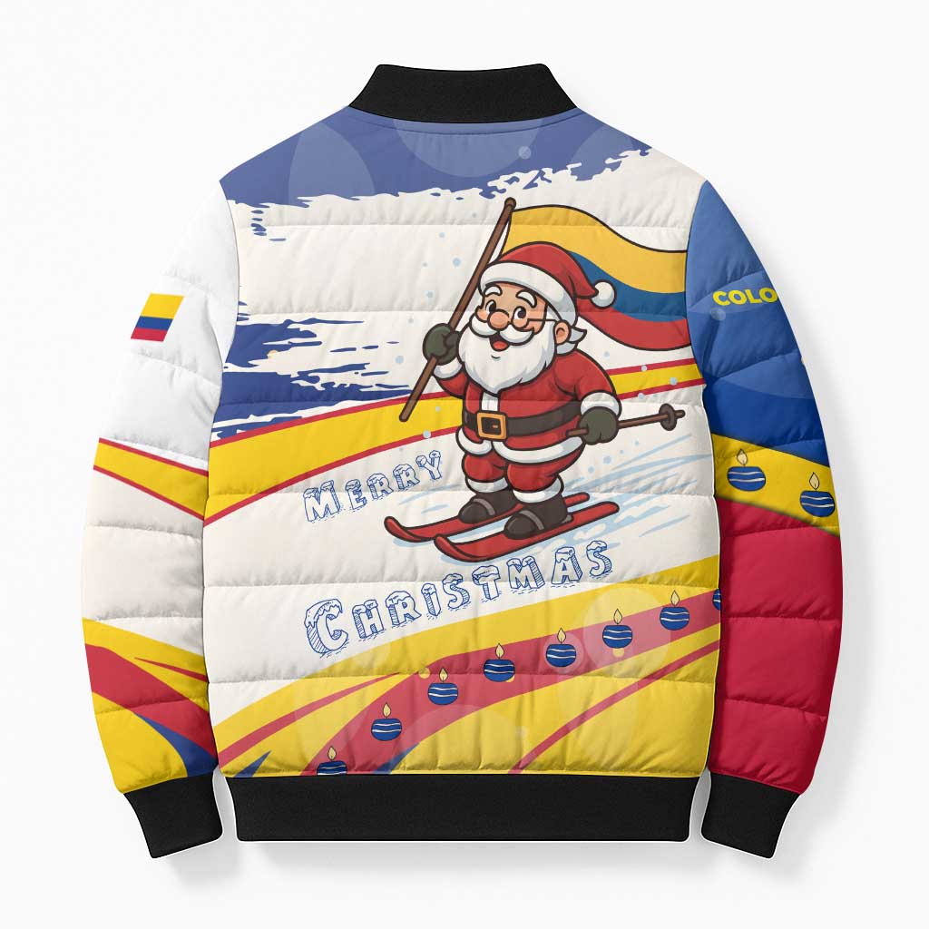 Colombia Christmas Bomber Puffer Jacket with Santa Skiing Colombian Flag and Holiday Ornament - Wonder Print Shop