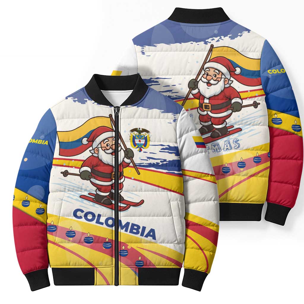 Colombia Christmas Bomber Puffer Jacket with Santa Skiing Colombian Flag and Holiday Ornament - Wonder Print Shop
