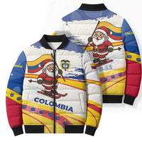 Colombia Christmas Bomber Puffer Jacket with Santa Skiing Colombian Flag and Holiday Ornament - Wonder Print Shop