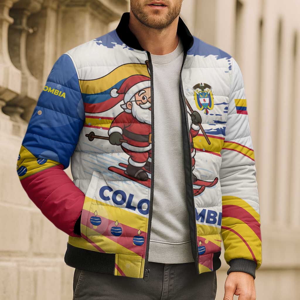 Colombia Christmas Bomber Puffer Jacket with Santa Skiing Colombian Flag and Holiday Ornament - Wonder Print Shop