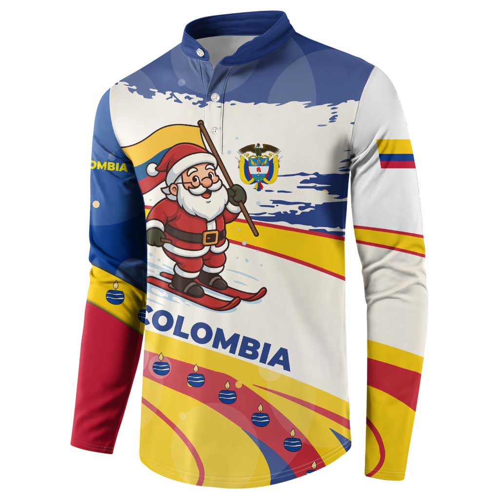 Colombia Christmas Button Sweatshirt with Santa Skiing Colombian Flag and Holiday Ornament - Wonder Print Shop