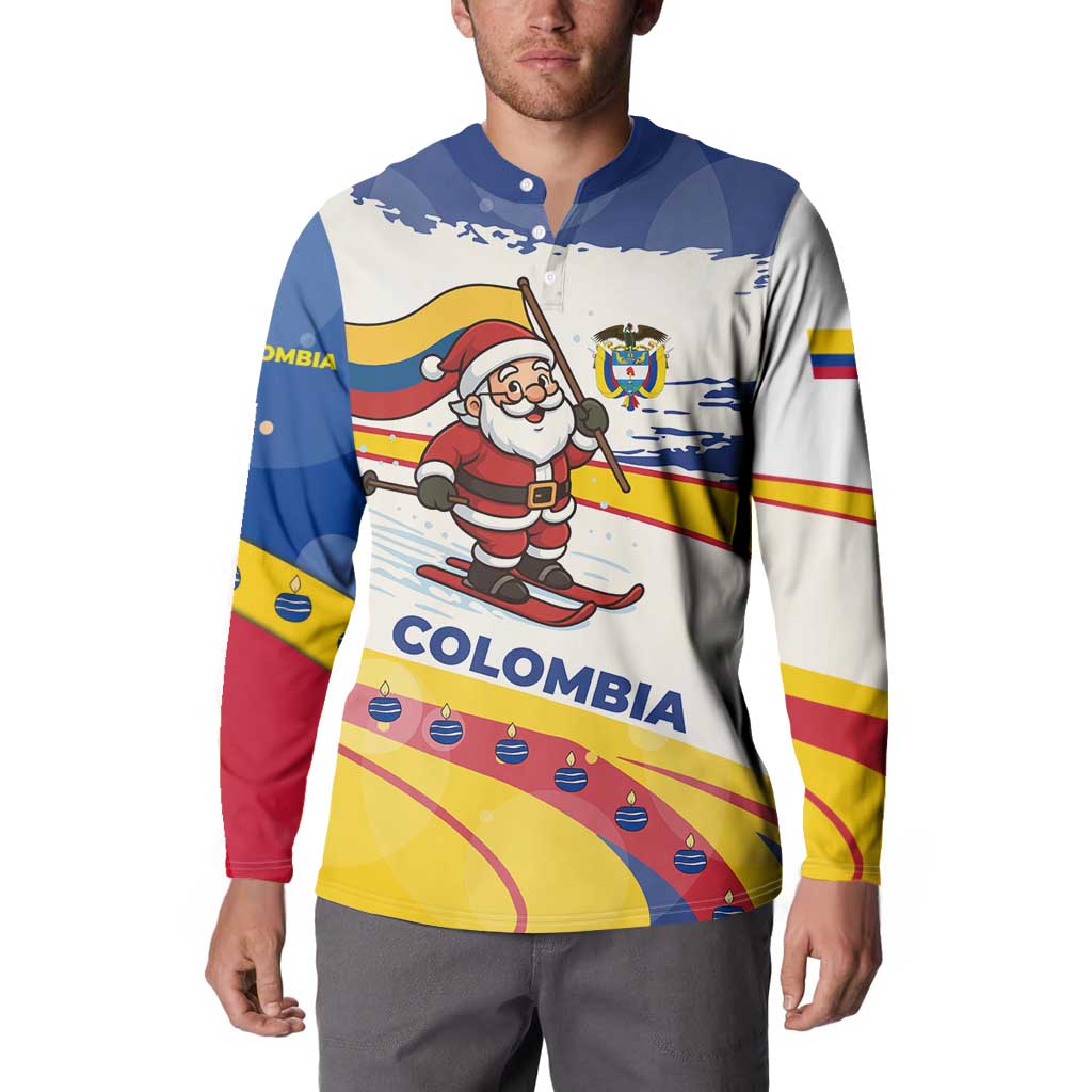 Colombia Christmas Button Sweatshirt with Santa Skiing Colombian Flag and Holiday Ornament - Wonder Print Shop