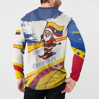 Colombia Christmas Button Sweatshirt with Santa Skiing Colombian Flag and Holiday Ornament - Wonder Print Shop