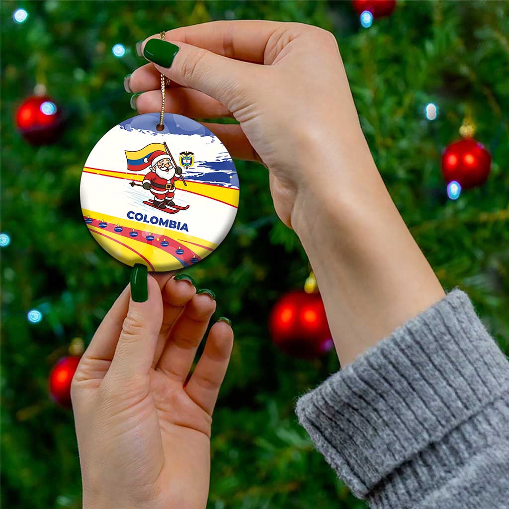 Colombia Christmas Ceramic Ornament with Santa Skiing Colombian Flag and Holiday Ornament - Wonder Print Shop