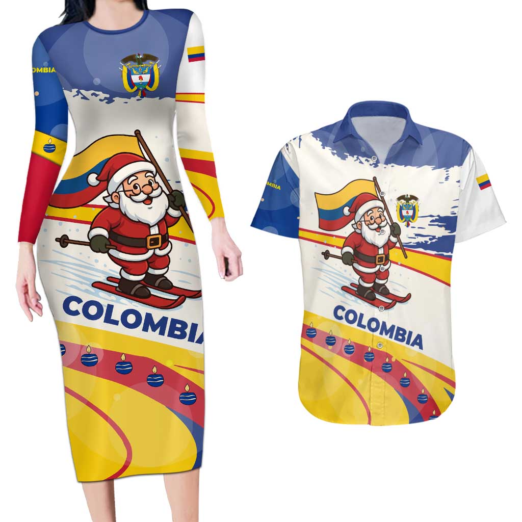 Colombia Christmas Couples Matching Long Sleeve Bodycon Dress and Hawaiian Shirt with Santa Skiing Colombian Flag and Holiday Ornament - Wonder Print Shop