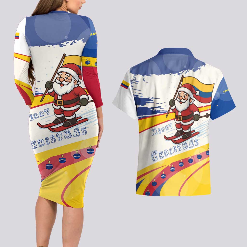 Colombia Christmas Couples Matching Long Sleeve Bodycon Dress and Hawaiian Shirt with Santa Skiing Colombian Flag and Holiday Ornament - Wonder Print Shop