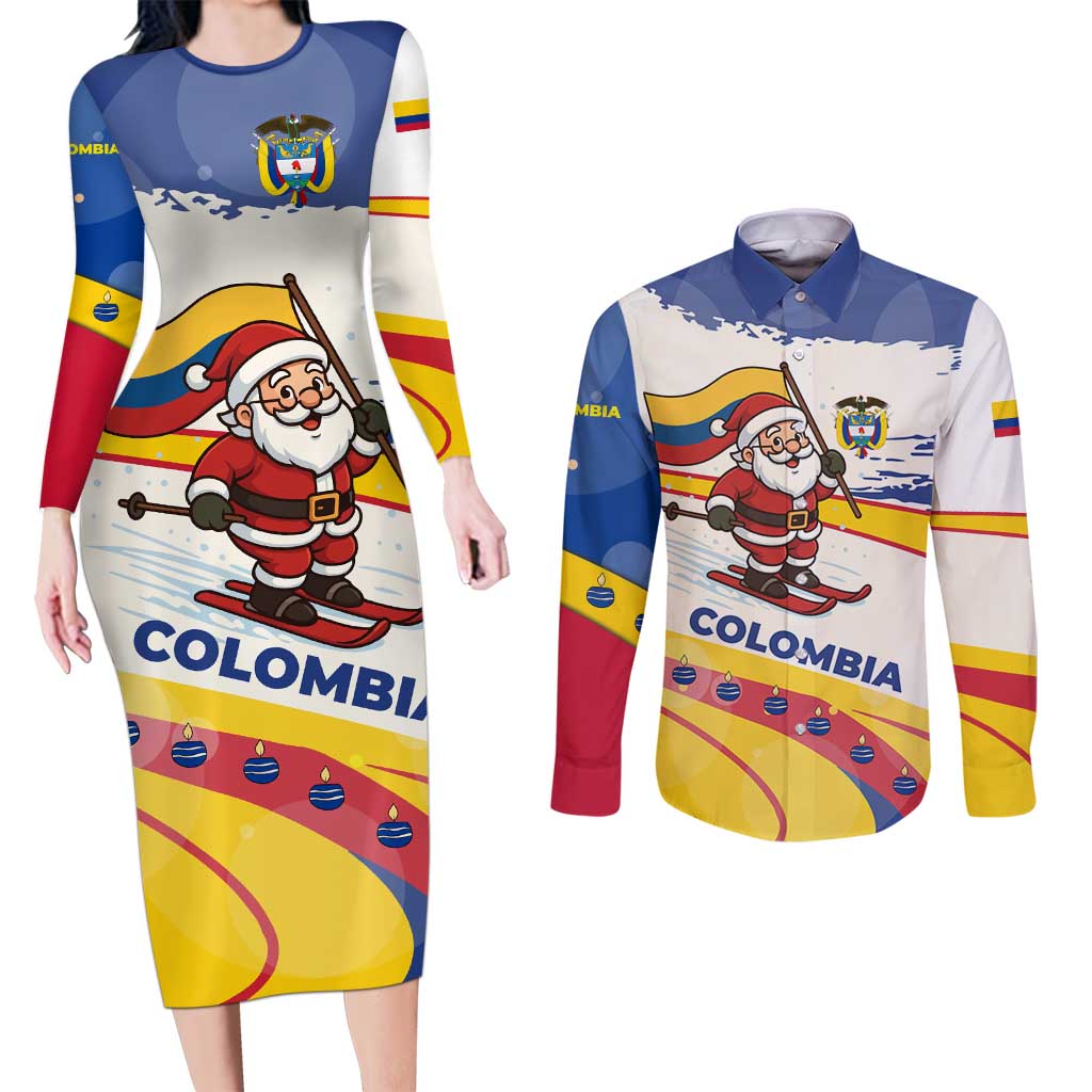 Colombia Christmas Couples Matching Long Sleeve Bodycon Dress and Long Sleeve Button Shirt with Santa Skiing Colombian Flag and Holiday Ornament - Wonder Print Shop