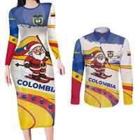 Colombia Christmas Couples Matching Long Sleeve Bodycon Dress and Long Sleeve Button Shirt with Santa Skiing Colombian Flag and Holiday Ornament - Wonder Print Shop