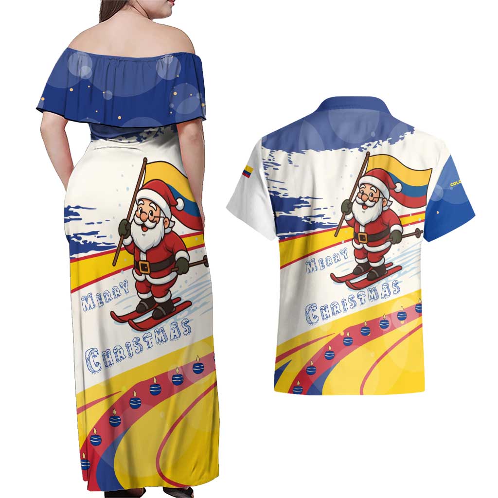 Colombia Christmas Couples Matching Off Shoulder Maxi Dress and Hawaiian Shirt with Santa Skiing Colombian Flag and Holiday Ornament - Wonder Print Shop