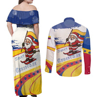 Colombia Christmas Couples Matching Off Shoulder Maxi Dress and Long Sleeve Button Shirt with Santa Skiing Colombian Flag and Holiday Ornament - Wonder Print Shop