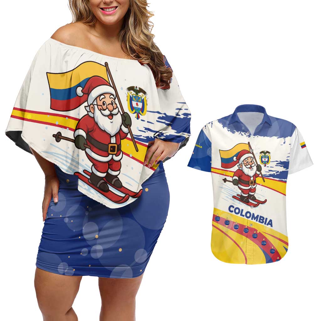 Colombia Christmas Couples Matching Off Shoulder Short Dress and Hawaiian Shirt with Santa Skiing Colombian Flag and Holiday Ornament - Wonder Print Shop