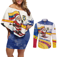 Colombia Christmas Couples Matching Off Shoulder Short Dress and Long Sleeve Button Shirt with Santa Skiing Colombian Flag and Holiday Ornament - Wonder Print Shop