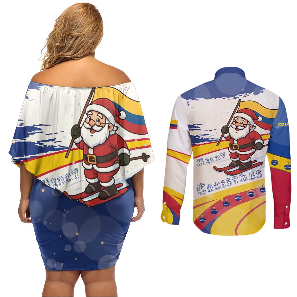 Colombia Christmas Couples Matching Off Shoulder Short Dress and Long Sleeve Button Shirt with Santa Skiing Colombian Flag and Holiday Ornament - Wonder Print Shop