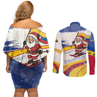 Colombia Christmas Couples Matching Off Shoulder Short Dress and Long Sleeve Button Shirt with Santa Skiing Colombian Flag and Holiday Ornament - Wonder Print Shop