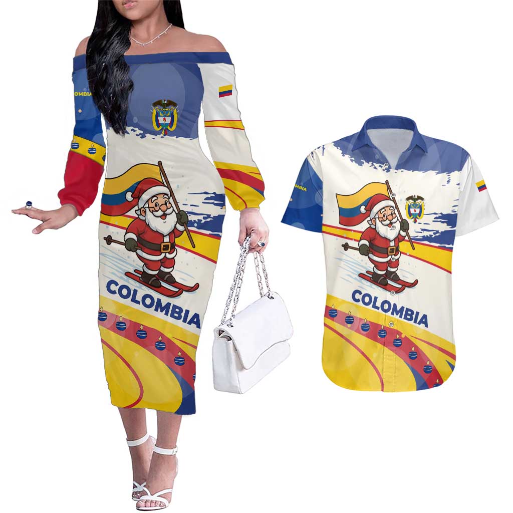 Colombia Christmas Couples Matching Off The Shoulder Long Sleeve Dress and Hawaiian Shirt with Santa Skiing Colombian Flag and Holiday Ornament - Wonder Print Shop