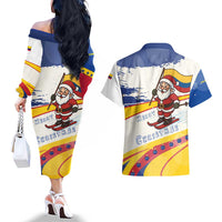Colombia Christmas Couples Matching Off The Shoulder Long Sleeve Dress and Hawaiian Shirt with Santa Skiing Colombian Flag and Holiday Ornament - Wonder Print Shop
