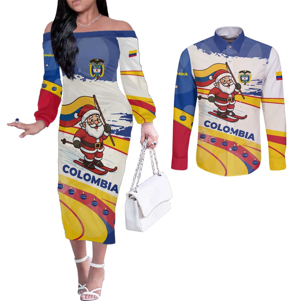 Colombia Christmas Couples Matching Off The Shoulder Long Sleeve Dress and Long Sleeve Button Shirt with Santa Skiing Colombian Flag and Holiday Ornament - Wonder Print Shop