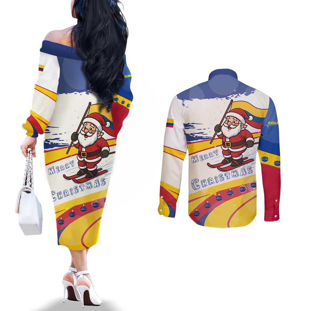 Colombia Christmas Couples Matching Off The Shoulder Long Sleeve Dress and Long Sleeve Button Shirt with Santa Skiing Colombian Flag and Holiday Ornament - Wonder Print Shop