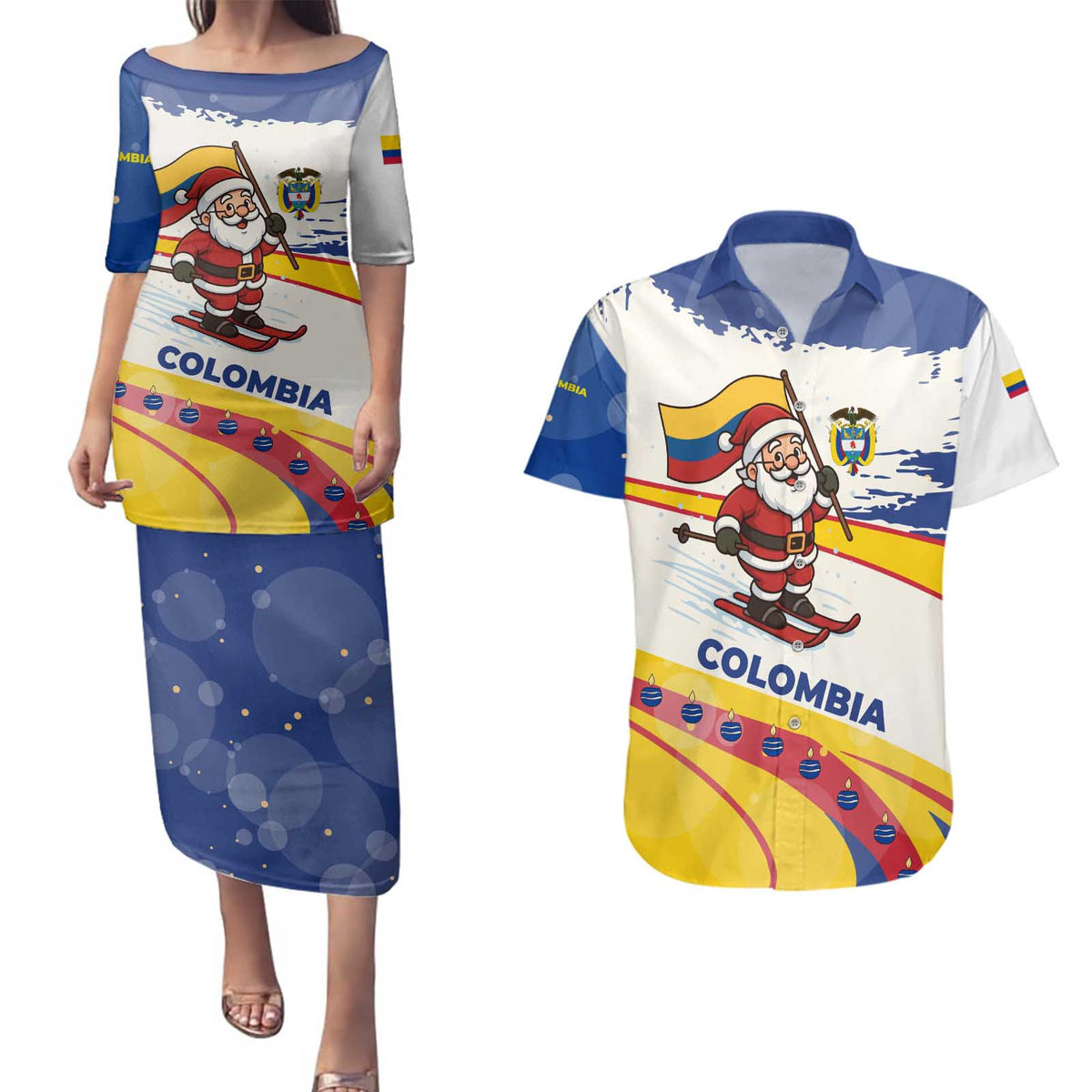 Colombia Christmas Couples Matching Puletasi and Hawaiian Shirt with Santa Skiing Colombian Flag and Holiday Ornament - Wonder Print Shop