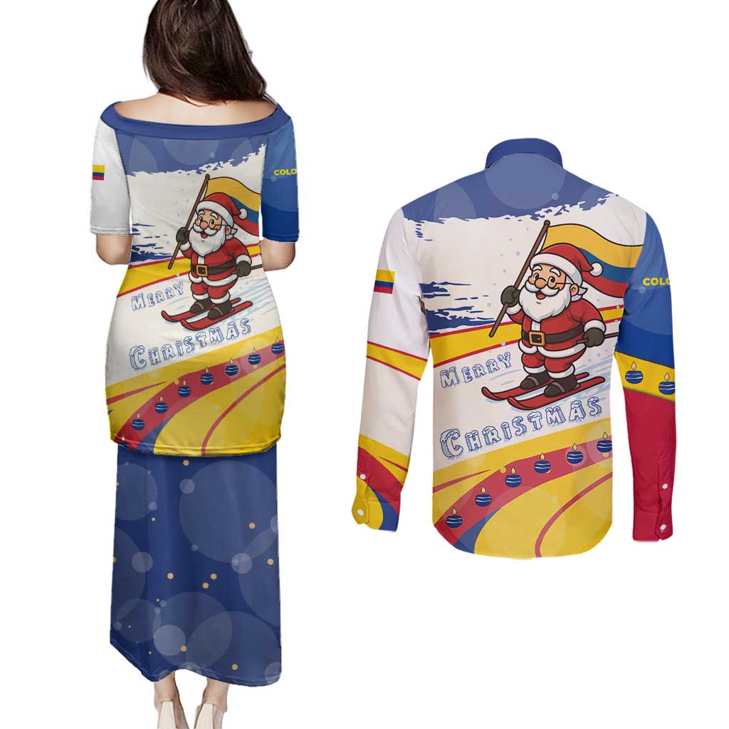 Colombia Christmas Couples Matching Puletasi and Long Sleeve Button Shirt with Santa Skiing Colombian Flag and Holiday Ornament - Wonder Print Shop