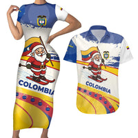 Colombia Christmas Couples Matching Short Sleeve Bodycon Dress and Hawaiian Shirt with Santa Skiing Colombian Flag and Holiday Ornament - Wonder Print Shop