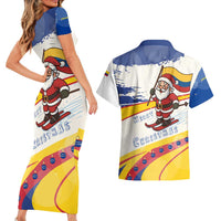 Colombia Christmas Couples Matching Short Sleeve Bodycon Dress and Hawaiian Shirt with Santa Skiing Colombian Flag and Holiday Ornament - Wonder Print Shop