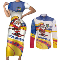 Colombia Christmas Couples Matching Short Sleeve Bodycon Dress and Long Sleeve Button Shirt with Santa Skiing Colombian Flag and Holiday Ornament - Wonder Print Shop