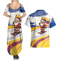 Colombia Christmas Couples Matching Summer Maxi Dress and Hawaiian Shirt with Santa Skiing Colombian Flag and Holiday Ornament - Wonder Print Shop