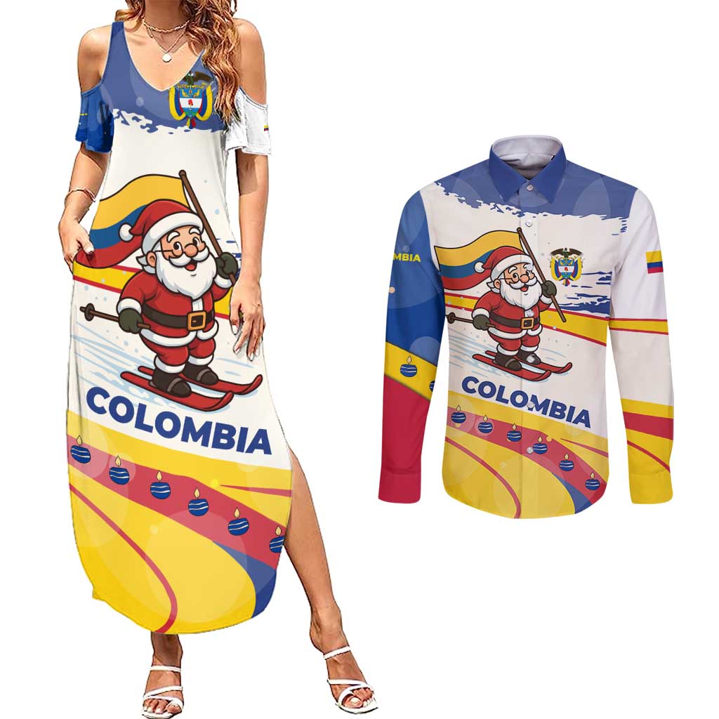 Colombia Christmas Couples Matching Summer Maxi Dress and Long Sleeve Button Shirt with Santa Skiing Colombian Flag and Holiday Ornament - Wonder Print Shop