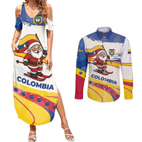 Colombia Christmas Couples Matching Summer Maxi Dress and Long Sleeve Button Shirt with Santa Skiing Colombian Flag and Holiday Ornament - Wonder Print Shop